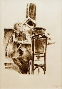 Dama escribiendo con sombrero y boa en el café de Lesser Ury