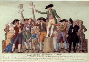 Primera escena de la Revolución Francesa en París: el 12/07/1789, después del despido del rey a Jacques Necker, Camille Desmoulins arengó a la multitud en el Palais Royal y llamó a la revuelta contra el gobierno de Lesueur Brothers
