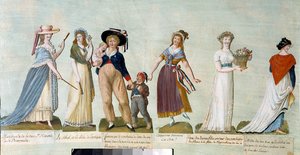 Revolución Francesa de 1789: Moda femenina en la era revolucionaria (Mujer revolucionaria). Gouache de los hermanos Lesueur (siglo XVIII)