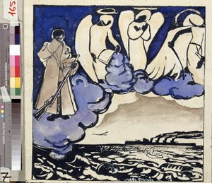 "Guerra". Rusia. 1914" Alegoría de la Primera Guerra Mundial. Un soldado y los ángeles. Pluma y gouache de Lev Bruni (1894-1948) 1914 Museo Estatal de Historia, Arquitectura y Arte, Rybinsk, Rusia