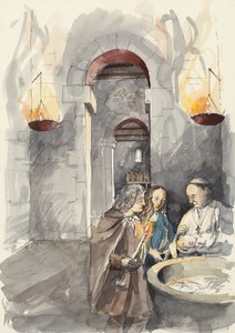 Bautismo en la iglesia de San Pedro, Barton-upon-Humber, Lincolnshire (acuarela sobre papel) de Liam Wales