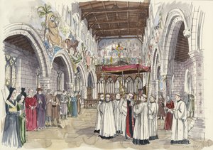 Procesión ceremonial en la iglesia de San Pedro, Barton-upon-Humber, Lincolnshire (acuarela sobre papel) de Liam Wales