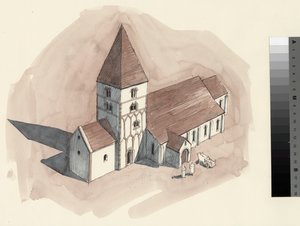 Dibujo de reconstrucción de la iglesia de San Pedro en época normanda (acuarela sobre papel) de Liam Wales