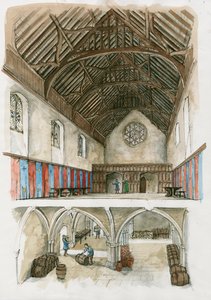 Reconstrucción del palacio de Winchester de la época medieval (acuarela sobre papel) de Liam Wales