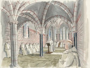 Reconstrucción de la sala capitular de la abadía de Shap c.1530 (acuarela sobre papel) de Liam Wales