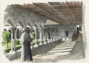 Reconstrucción del claustro del priorato de Lanercost (acuarela sobre papel) de Liam Wales