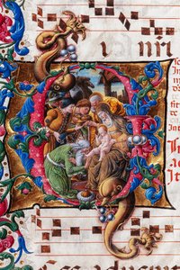 Biblioteca Piccolomini: libro de coro, cod. 19.4, ff. 9v con la "Adoración de los Reyes Magos", de Liberale da Verona (hacia 1445 - 1527/9). Detalle. de Liberale da Verona