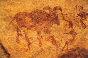 Arqueros, perros y animal con pezuñas, pintura rupestre, Tassili n