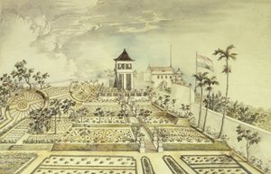 Casa holandesa con jardín cerrado en la isla de Java, Indonesia, grabado