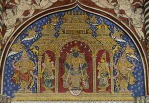 Fresco que representa a Visnu, palacio Maratha de Thanjavur, Tamil Nadu, India