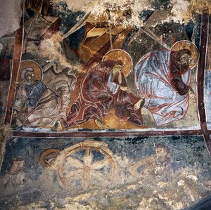 Fresco de santos en la iglesia bizantina de Agios Georgios Xifoforos, Apodoulou, Creta, Grecia