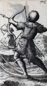 Cazador con arco y flechas en esquís cortos, ilustración de De Calceo Antiquo, por B Balduinus