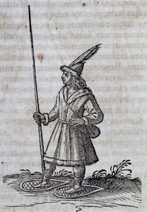 Habitante de Canadá (Francia Canadiense) con raquetas de nieve, ilustración de Descripción de la Nueva Francia