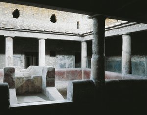Italia, Campania, Oplonti, área arqueológica de Torre Annunziata, Villa Romana de Poppea, Pequeño atrio interior con fuente para regar el jardín
