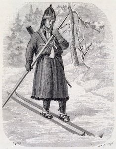 Lars Tuorda, atleta lapón ganando la competencia de esquí de fondo organizada en 1884 por Adolf Erick Nordenskjold, dibujo a tinta china