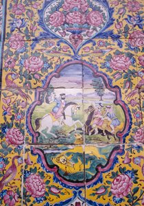 Caza de leones, decoración de azulejos policromados en la fachada de la casa Qavam también conocida como Narenjestan e Ghavam de Unbekannt Unbekannt