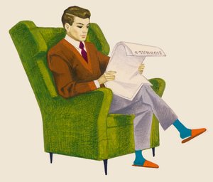 Hombre leyendo el periódico mientras está sentado en un sillón, dibujo de Unbekannt Unbekannt