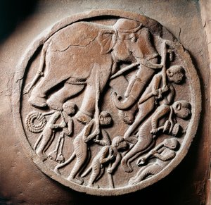 Medallón con monos y elefantes, relieve del Stupa de Bharhut, monumento budista, Madhya Pradesh, India, Civilización india, siglo II a.C.