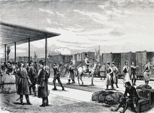 Convoy militar ruso en la estación de Bustiu, en el ferrocarril Bucarest-Galati, guerra ruso-turca, grabado, Rumanía de Unbekannt Unbekannt