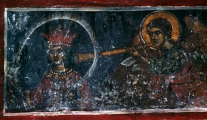 Santo tocando el cuerno, fresco en la Iglesia de Agios Ioannis Prodromos, Margarites, Creta, Grecia de Unbekannt Unbekannt