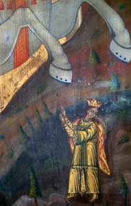 San Jorge y el Dragón, (detalle) de panel de madera en la iglesia de Agia Paraskevi, Anisaraki, Creta, Grecia