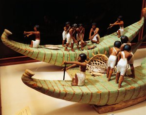 Modelo de madera de barcos de pesca y red (detalle)