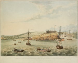 Ataque al Fuerte Oswego, Lago Ontario, N. América. 6 de Mayo de 1814, Mediodía, y Asalto al Fuerte Oswego por el Segundo Batallón de los Marines Reales y un Grupo de Marineros, 15 Minutos Pasadas las Doce del Mediodía, grabado por R. Havell