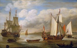 Variedad de embarcaciones holandesas: veleros, barcos y barcazas. Óleo sobre lienzo de Lieve Pietersz Verschuier (1630-1686). de Lieve Verschuier