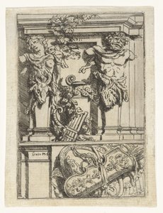 Dos cariátides, una flauta de pan, un arco y una flecha y un escudo Divertimenti di Livio Meus (título de la serie) de Lieven Mehus