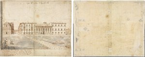 Dieciocho vistas de Roma: El Collegio di Propaganda Fide (recto); Bocetos de ventanas y pilastras del piso ático del Collegio di Propaganda Fide (verso) de Lievin Cruyl