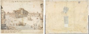 Dieciocho vistas de Roma: La Piazza Barberini (recto); Trazado de una fuente del recto y bocetos de dos caras (verso) de Lievin Cruyl