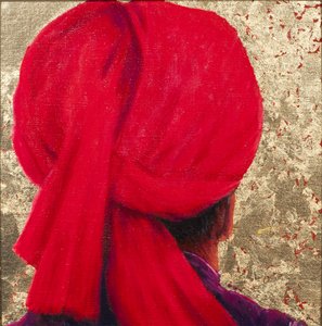 Turbante rojo sobre hoja de oro, 2014