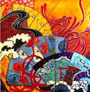 Abanicos orientales, 2013 (mixta, acrílico, tinta, óleo) de linda arthurs