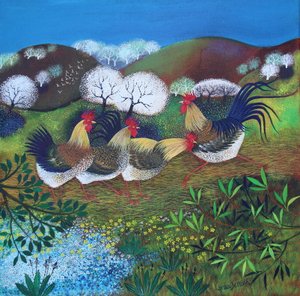 Rollicking Roosters, 2024 (acrílicos sobre lino)