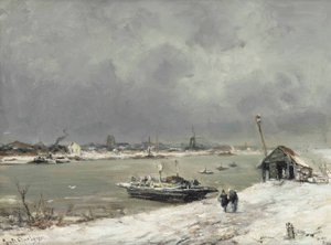 Un cruce de ferry cerca de Wijk bij Duurstede en invierno