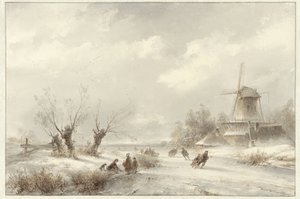 Paisaje invernal con patinadores sobre hielo cerca de un molino de Lodewijk Johannes Kleijn