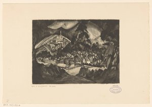 Paisaje montañoso con árboles y edificios. Le Soir (título original del objeto)