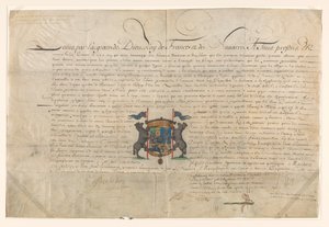 Diploma por el que Luis XIV elevó a Cornelis Lampsins a Barón de Tobago y Caballero de la Orden de San Miguel de Lodewijk XIV (koning van Frankrijk) (signed by artist)