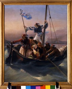 Griegos en un barco Alegoría de la marcha de Grecia hacia la independencia tras la dominación otomana y la Guerra de la Independencia griega (1821-1830) o Revolución griega. Pintura de Ludovico Lipparini (1800-1856) 1848 Verone