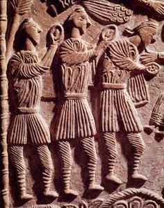 Arte lombardo: los reyes sabios, bajorrelieve del altar del Duque Rachis - Escultura, arte lombardo, 737-744 - Cividale del Friuli, Museo Cristiano, tesoro de la catedral de Lombard School