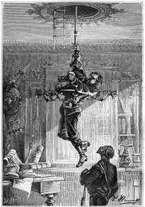 Dibujo de Leon Benett, del libro de Julio Verne "Los 500 millones de la Begum" - edición Hetzel/Extraordinary Voyages 1879. "... Apenas suspendido del candelabro dore, su extrema sorpresa, lo vio caer bajo su mano. El ceil