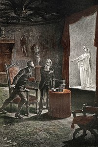 Ilustración de la novela de Julio Verne "Le chateau des Carpathes", edición Hetzel/Voyages extraordinaire, escrita entre 1884 y 1889, publicada en 1892, dibujo de Leon Benett. La Stilla, cantante tardía, apareció en Franz de Telek, gracias a un dispositivo de Léon Benett