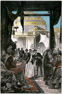 El bazar de Samarcanda (actualmente Samarcanda o Samarcanda en Uzbekistán), ilustración de la novela de Julio Verne "Claudius Bombarnac" edición Hetzel 1892 - Dibujo de Leon Benett (Hippolyte Leon Benet de Léon Benett