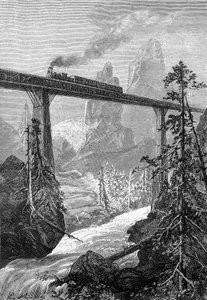 Dibujo de Leon Benett, del libro de Julio Verne "Los 500 millones de la Begum" - edición Hetzel/Extraordinary Voyages 1879. Tren de vapor pasando por un atrevido puente, en un paisaje montañoso con torrente. de Léon Benett