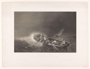 Vissers en een roeiboot op zee Marine gezichten (título de la serie) pinturas de la marina. Litografiada en mezzotinta por L. Sabatier según Eug. Isabey (título de la serie sobre el objeto) de Léon Jean Baptiste Sabatier
