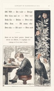 Denis, Deber, Dedo, Diccionario, Dicter, Dalia, Ante, Top, Pavo, Domingo, Dibujo, Cena, Postre, página 17 - Abecedario de Mademoiselle Lili, de L. Froelich y de un papá (el propio Hetzel). Bibliotheque  Magasin d