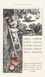 Emile, Etienne, Echelle, Echelon, Squirrel, Sparrow, Epinard, Scarer, Farry, Stourneau, página 18 - Abecedario de Mademoiselle Lili, de L. Froelich y de un papá (el propio Hetzel). Bibliotheque  Magasin d