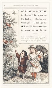 Octave, Odette, Orden, Obediencia, Paraguas, Sombra, Naranja, Orangerie, Ojo, Clavel, Sombra, Pájaros, Olor, página 28 - Abecedario de Mademoiselle Lili, por L. Froelich y por un papá (el propio Hetzel). Bibliotheque  Magasin d