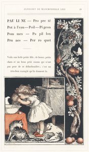 Pauline, Clean, Water Pot, Hair, Pigeon, Apples, Butterfly, Plums, Parrot, página 29 - Abecedario de Mademoiselle Lili, de L. Froelich y de un papá (el propio Hetzel). Bibliotheque  Magasin d