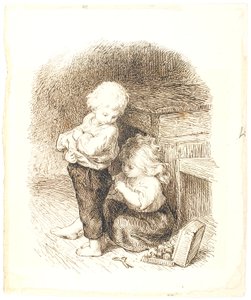 Niña pequeña reparando los pantalones de un niño de Lorenz Frølich